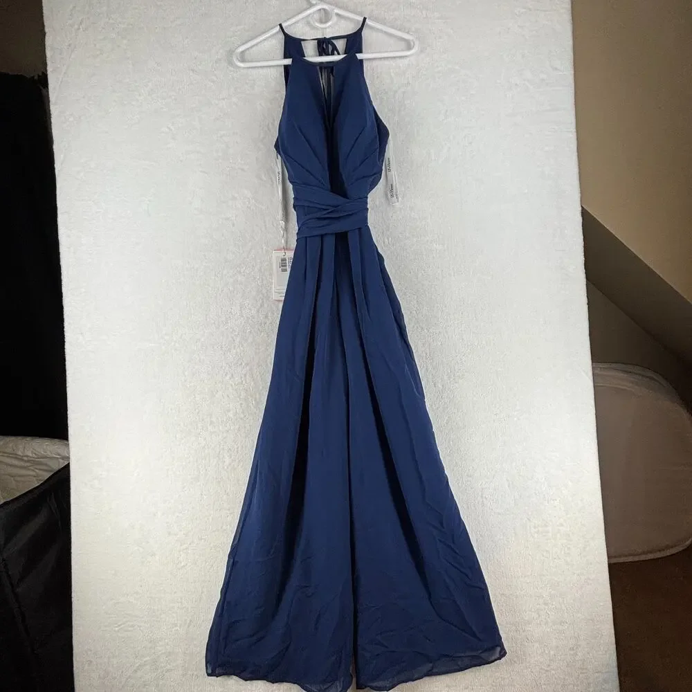 JJ's House Safara Halter Chiffon Jumpsuit Navy Blue Size 8 Built in Bra Wide Leg - Picture 3 of 9